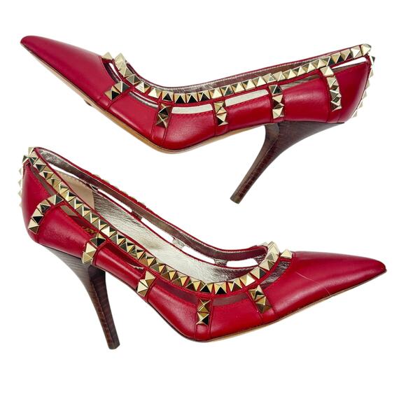 NEW Valentino Garavani Rockstud Leather Pumps Red Pointed Toe Size IT37/US7 - Picture 6 of 8